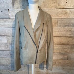 Vince. Women’s beige asymmetrical zip up leather moto jacket in  size small‎